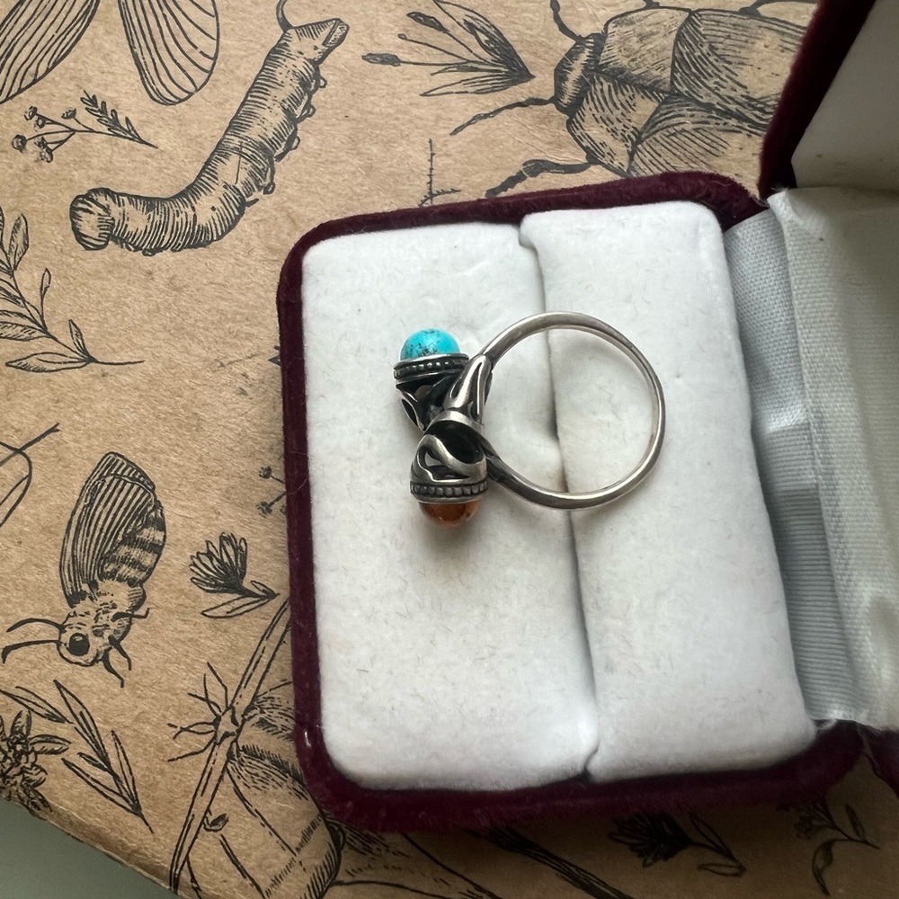 Vintage Sterling Silver Tribal Statement Ring w/ Turquoise & Amber Stones - Picture 3 of 3